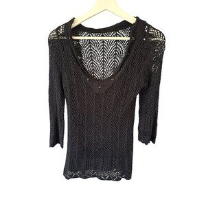 Women's Black Knit Crochet Tunic Top Rhinestone Accents 3/4 Sleeve S Whimsygoth